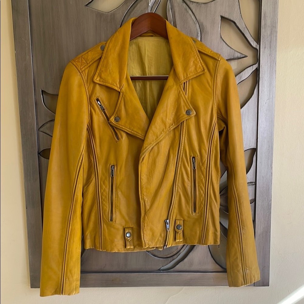 Linea Pelle Mustard Yellow Leather Moto Jacket Medium